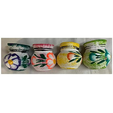 

Made In Mexico Hand Painted Pottery Barro Clay Tequila Shots Glasses Set of 4 Assorted - Vaso Tequilero Round