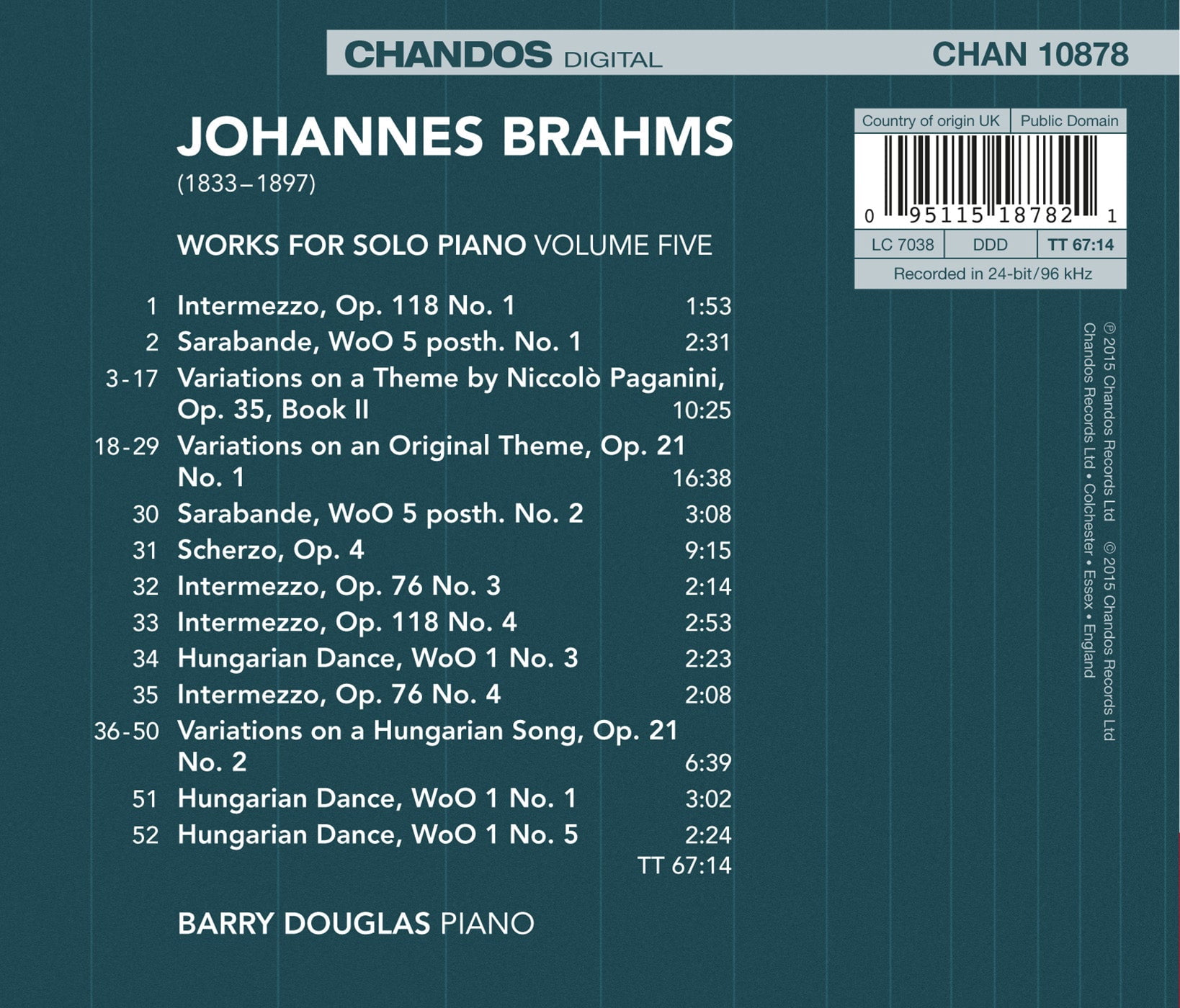 Brahms / Douglas,Barry - Works for Solo Piano 5 - Music & Performance - CD