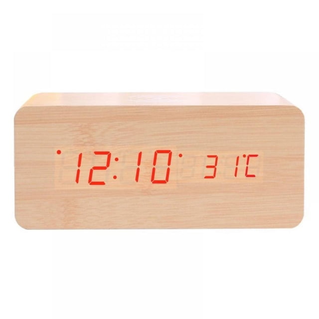 Wood LED Digital Alarm Clock With Phone Wireless Charging Pad Snooze Function Sound Control Alarm Clock