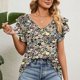 thumbnail image 2 of Camiseta informal de verano con escote en V, manga corta, corte holgado y volantes dobles para mujer, talla XL, con volantes florales, 2 of 6