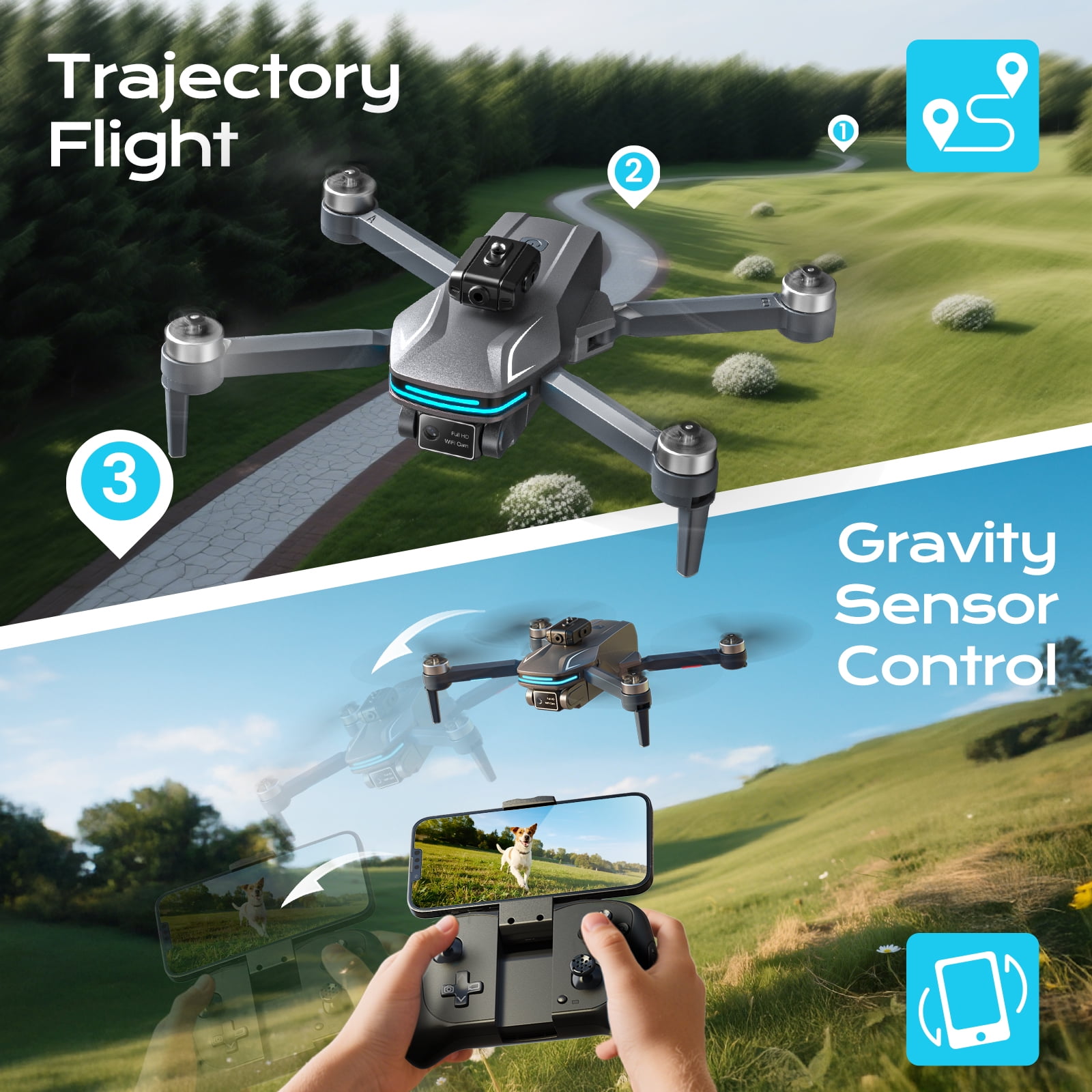 Wefone S101S Foldable Drone with Dual Camera for Beginners, Optical Flow Positioning, 2 Batteries, Gray