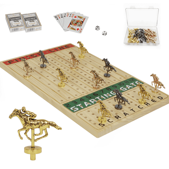 Wood Horse Race Board Game Set, 15.6" x 10", 2-11 Players, 11 Metal Horses, Dice & Cards