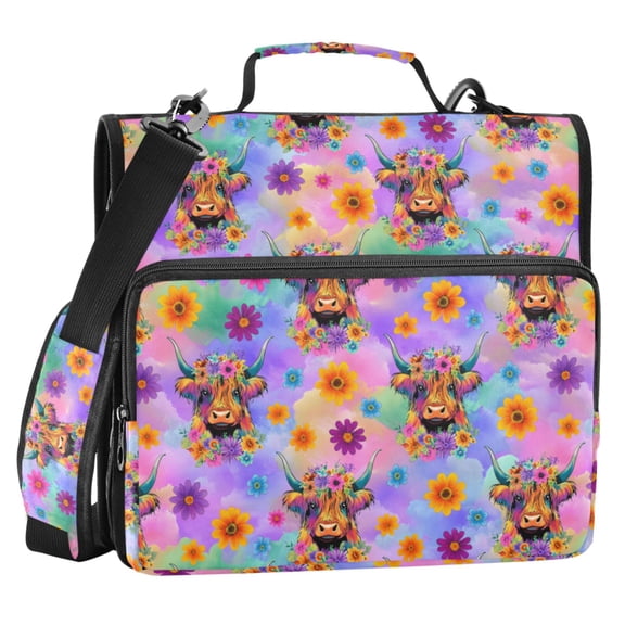 ALAZA Zipper Binder Highland Cow Floral Gradient 2 in 3 Ring Trapper Keeper 500 Sheet Capacity File Folder Organizer Bag