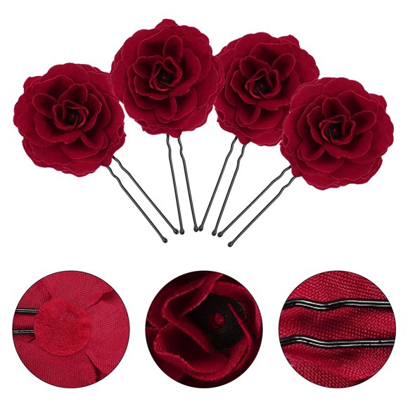 CATIEBYE 8Pcs Retro Style Dark Red Rose Hair Pins for Wedding Updo and Party Hair