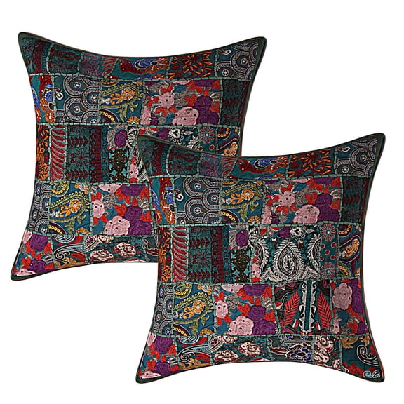 Stylo Culture Ethnic Vintage Patchwork Floral Couch Throw Pillow Covers 24x24 Large Dark Green Bohemian 60x60 cm Home Decor Cotton Abstract Square Cushion Covers | Set Of 2