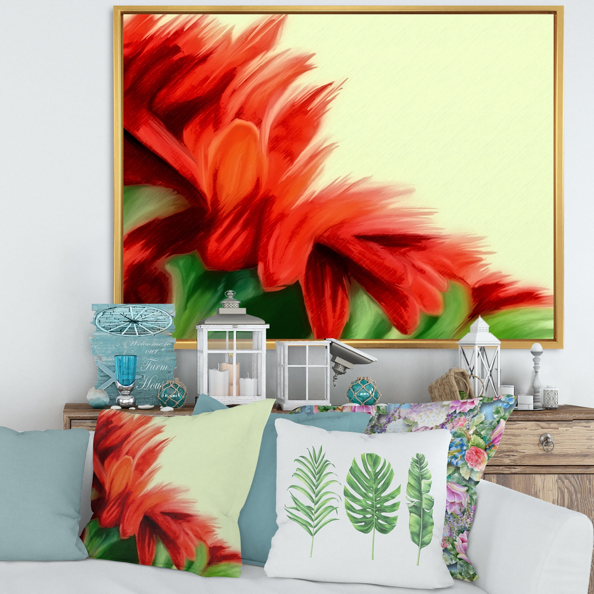 Designart 'Red Floral Brush Strokes On Green' Traditional Framed Canvas Wall Art Print