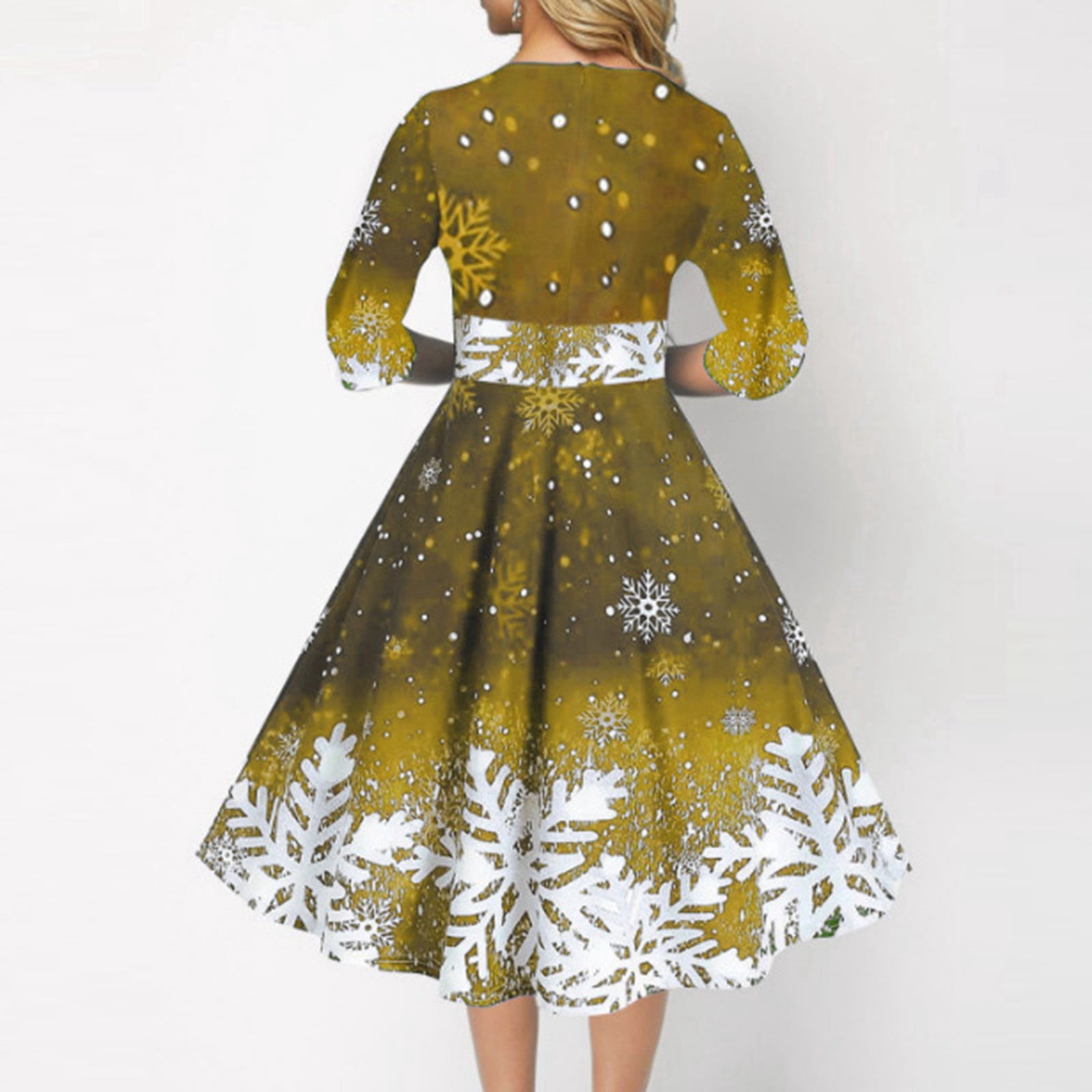 Robe Noël Femme Vintage - Imprimé Flocons De Neige, Manches Longues, Pour Fêtes Et Réveillon