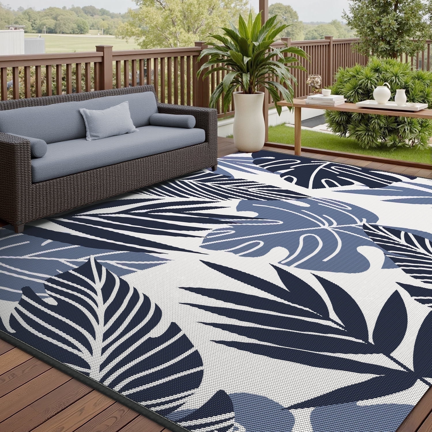 VUNATE Outdoor Rug Carpet 9 x12  Waterproof Reversible Patio Rug Portable Indoor Outdoor Rug Plastic Straw Rug for Beach RV Camping Garden Picnic Deck Backyard Tropical Porch Decor Beige and Blue