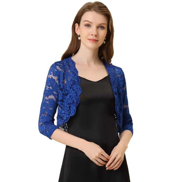 Cárdigan Toreras Allegra K de Encaje Floral Transparente 3/4 Azul Cobalto M