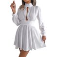 thumbnail image 1 of Vestido de cuello alto de color sólido Manga larga Mini vestido plisado con recorte de cintura alta para citas Blanco M, 1 of 7