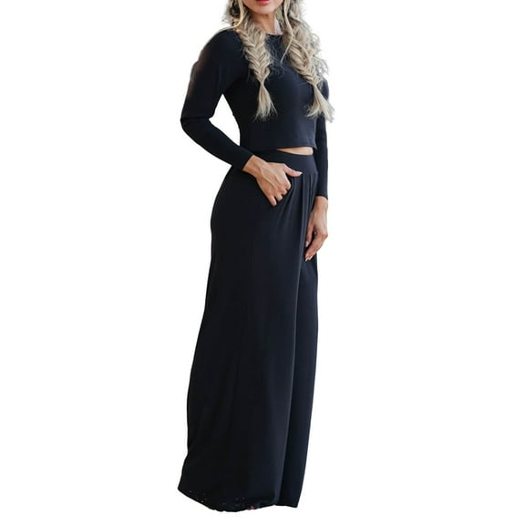 GILIGEGE Two Piece Sets for Women Women's Sets 2 Piece Outfits Slim Fit Short Sleeve Top and High Waisted Straight Pants Yoga Workout Black L