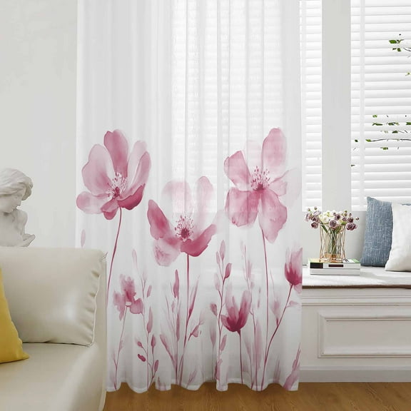 Pink Flowers Semi Sheer Curtains Drapes for Living Room, Bedroom, French Doors Window 84 Inches Long, Vintage White Floral Plant Herb Botanical Rod Pocket Chiffon Curtain Drapery Voile Drape Panel