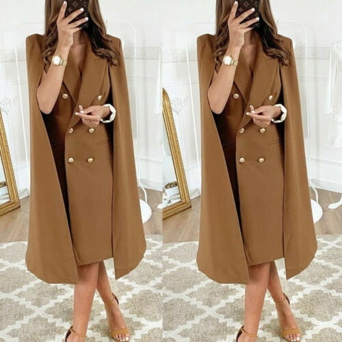 Women Elegant Bodycon Double Breasted Cape Blazer Cloak Dress Trench Duster Coat Longline Blazer Cape Coat Walmart