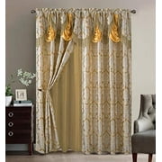 Sapphire Home Fancy Jacquard Window Drape Curtain Panels Set with Attached Valance, Sheer Backing, 2 Tassels, Elegant Damask Floral Pattern, Drape set for Living & Dining Rooms, Scarlett, 95, Beige