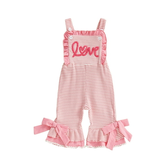 BemeyourBBs Valentines Baby Girl Clothes Toddler Baby Girl Valentines Day Outfit Lover Romper Overalls Pink Ruffle Sleeveless Knit Flared Pants Jumpsuit Bell Bottoms