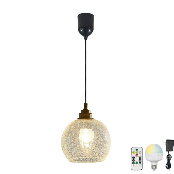FSLiving Battery Rechargeable Operated Pendant Light with Remote,Modern Hanging Light with Cracked Glass Rounded Shade,Adjustable Height RGB Color,Timer,Dimmable Lamp for Corner Decor - 1 Light
