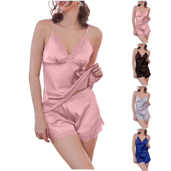Vetsdori Womens 2 Pieces PJ Sets Sleeveless Ice Slik Homewear Shorts & Top Casual Loungewear Lace Summer,Sleepwear Pajamas for Women Soft