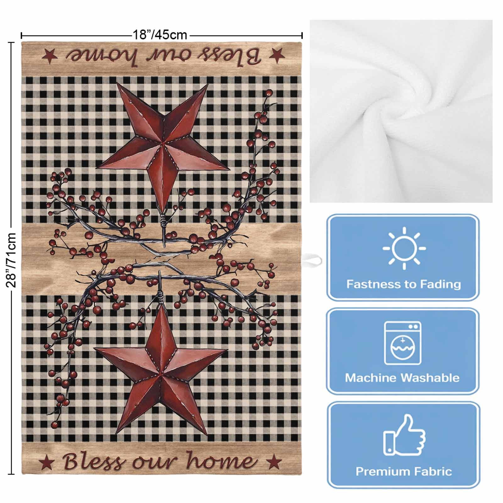 Texas Star Farmhouse Kitchen Towels Set of 4, Water Absorbent Dish Towel, Rustic Black Plaid Berry Wooden Decorative Hand Towels - Quick Drying Cloth for Cooking Baking, 18x28 Inch