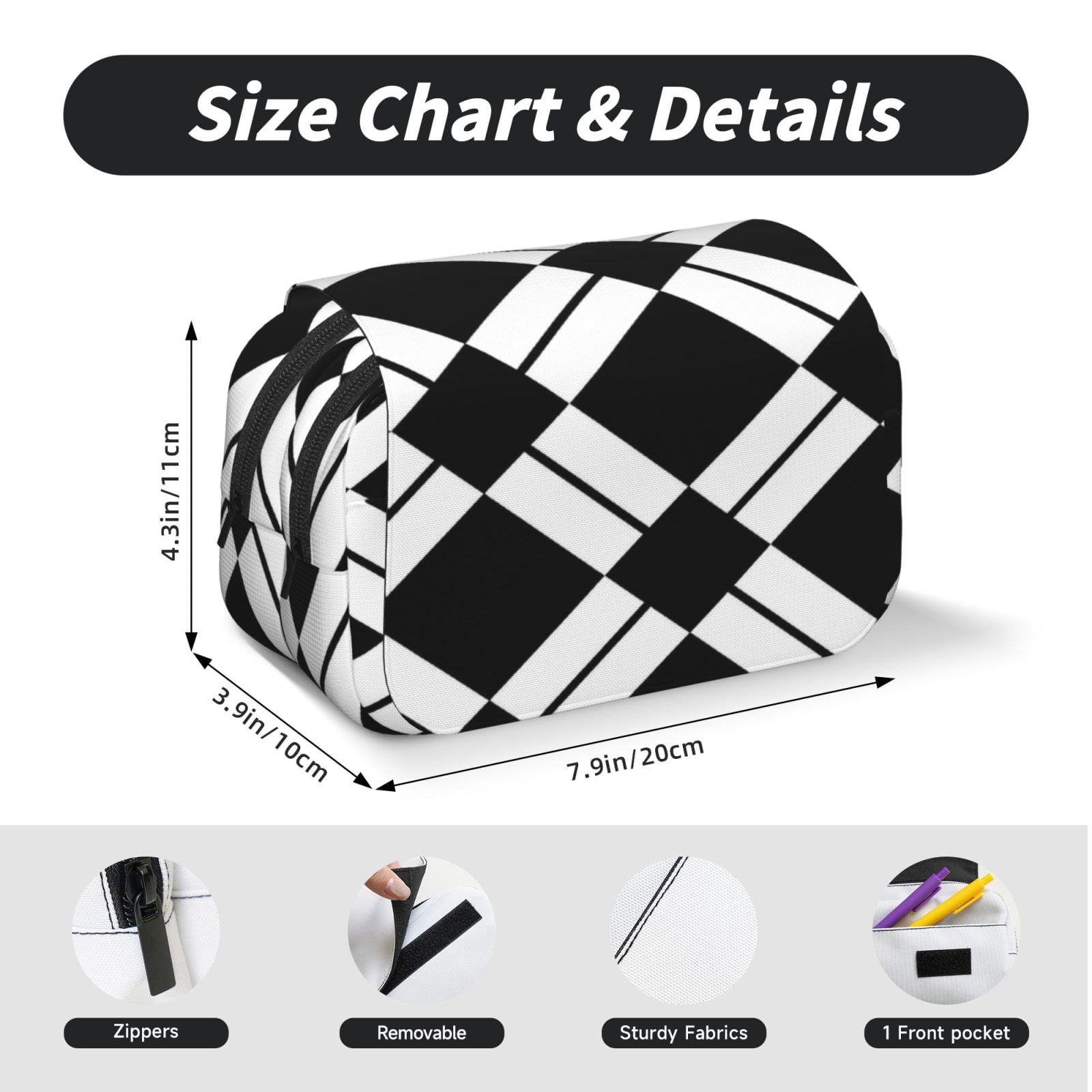 Large-Capacity Flip-Top Double-Layer Pencil Case, Multi-Functional Pocket Pen Case, Durable Stationery Organizer White And Black Checkered Pattern
