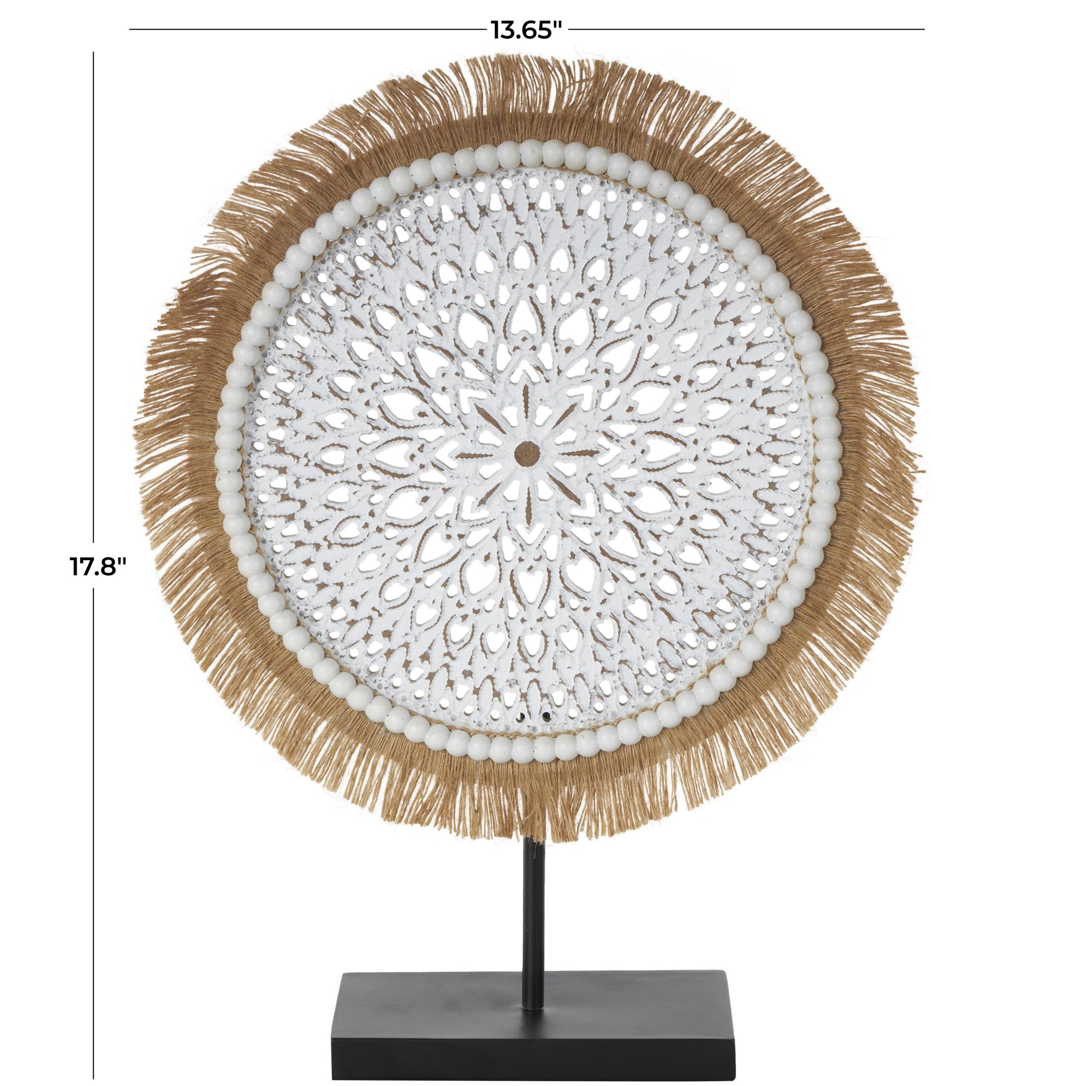 14" x 18" White Wooden Handmade Seagrass Fringed Tribal Sculpture with Black Base, by DecMode