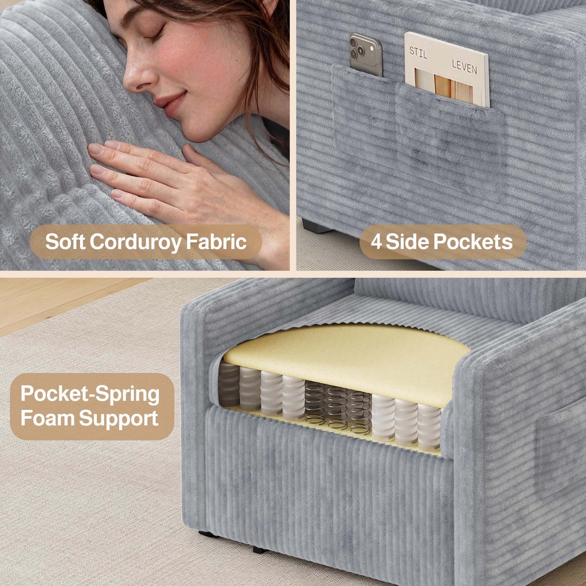 Noelse 3-in-1 Sleeper Chair Bed, Convertible Sofa Bed with Pull-Out Recliner, Corduroy Fabric Accent Chair, Gray