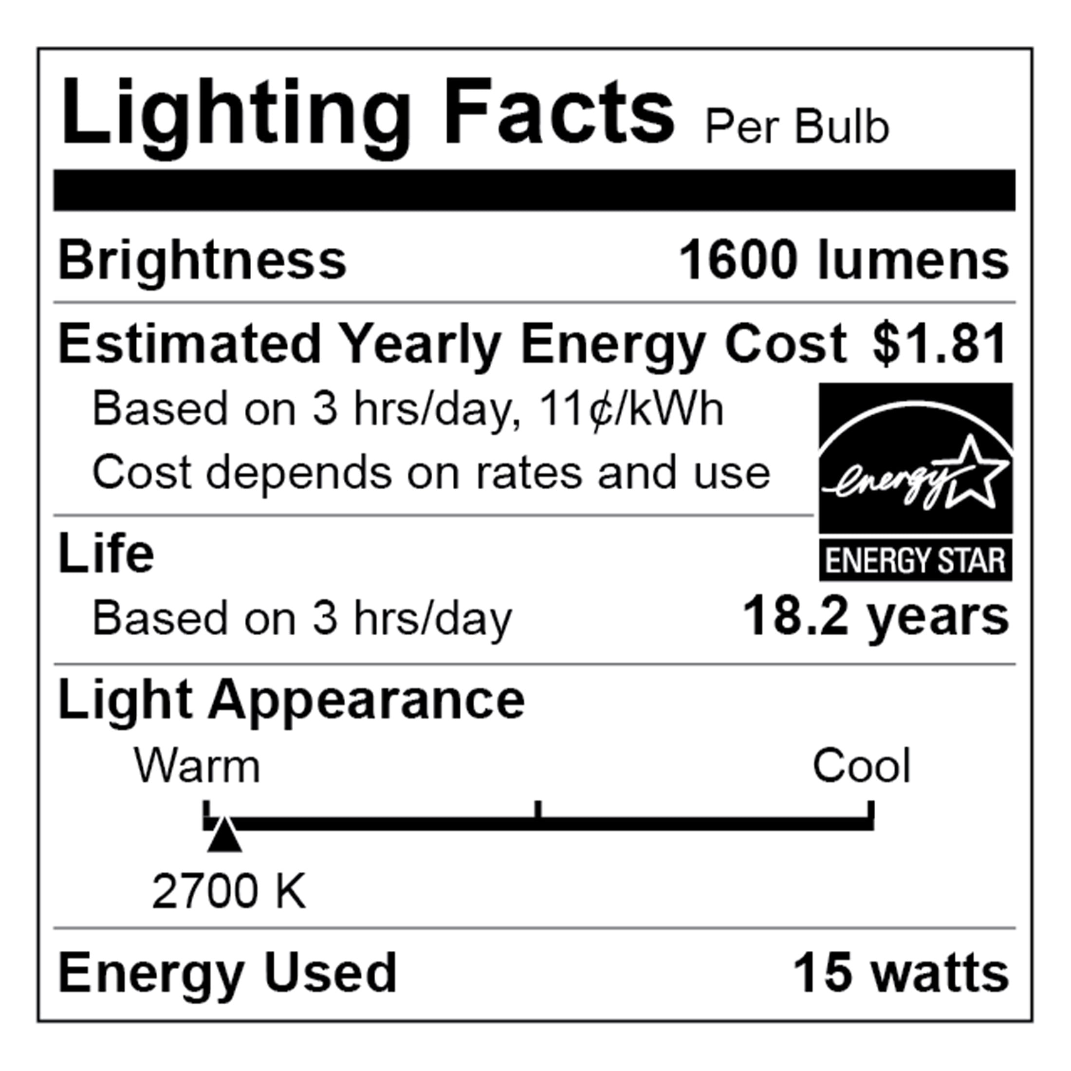 Great Value LED Light Bulb, 15W (100W Equivalent) 18Y, A19 General Purpose Lamp E26 Medium Base, Non-dimmable, Soft White, 4-Pack