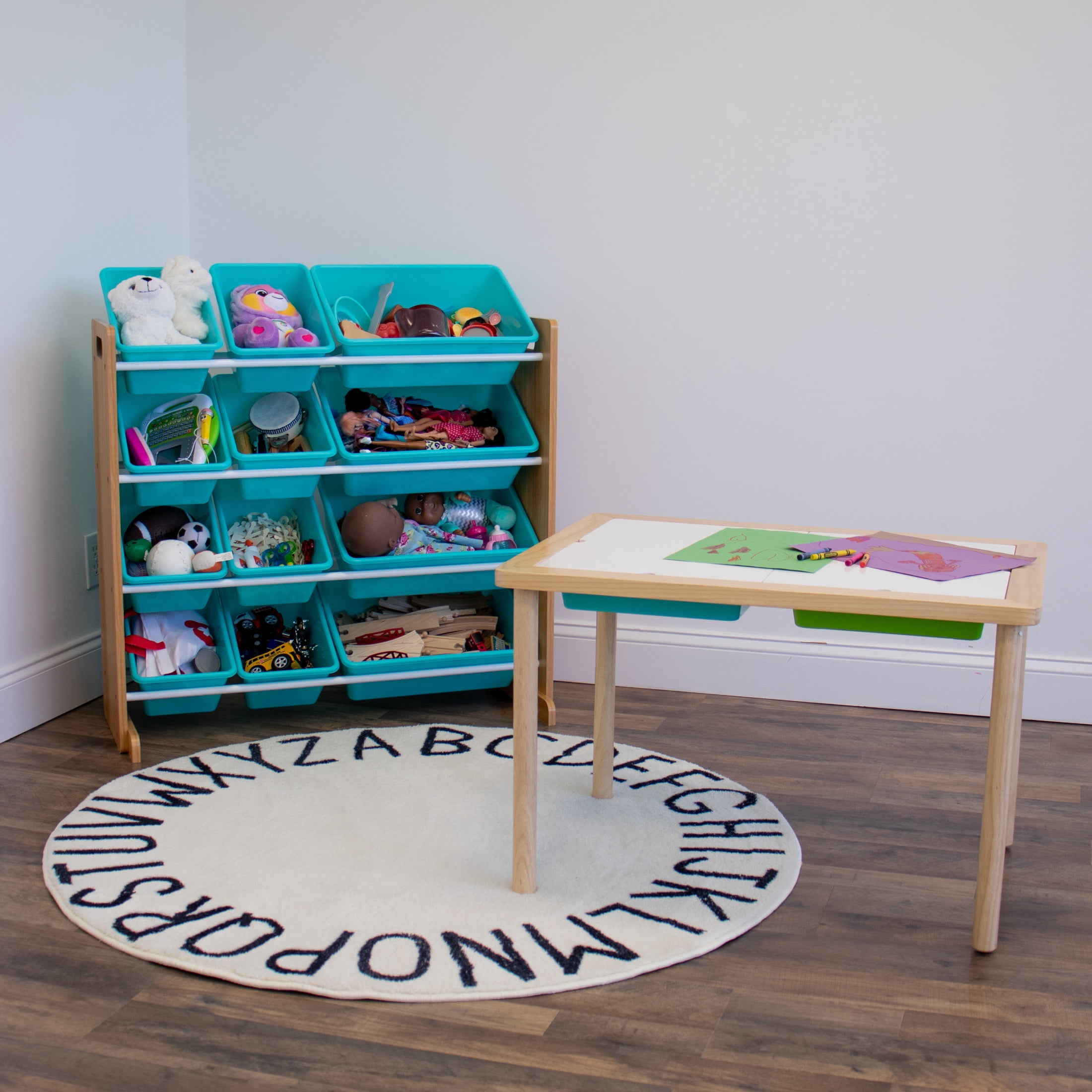Humble Crew Skylar Natural and Aqua Toy Storage Organizer with 12 Bins