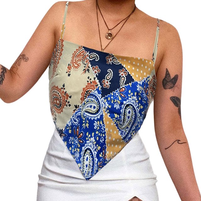 Impreso Bandana Camisole Backless Casual Tops Hanky Hem para Mujer (Azul L) FLhrweasw Para estrenar