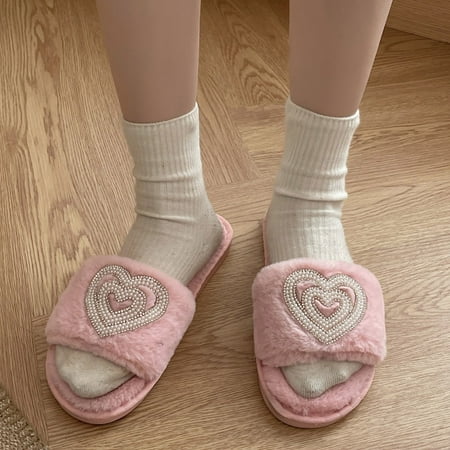 

Summer Slippers For Women Beach Accesseories Flip Flops For Women Fashion Winter Women Slippers Flat Bottom Non Slip Open Toe Love Pattern Rhinestone Pearl Plush For Warm Swimming Pool Accessories Men