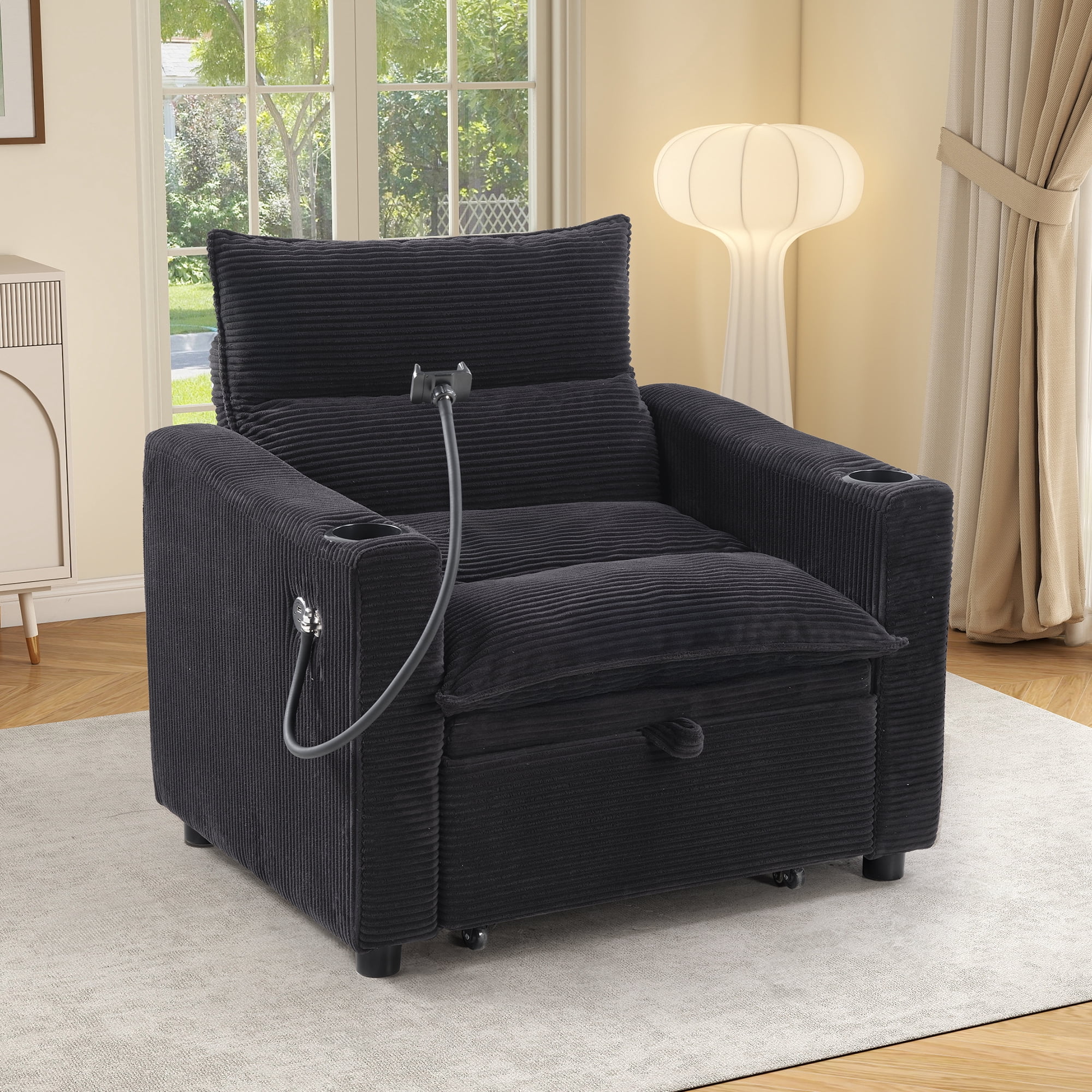 Ebello 3-in-1 Convertible Corduroy Sleeper Sofa Bed with Phone Holders & USB Ports, Pull Out Bed, Adjustable Backrest, Easy Assembly, 1-Seat(Black)