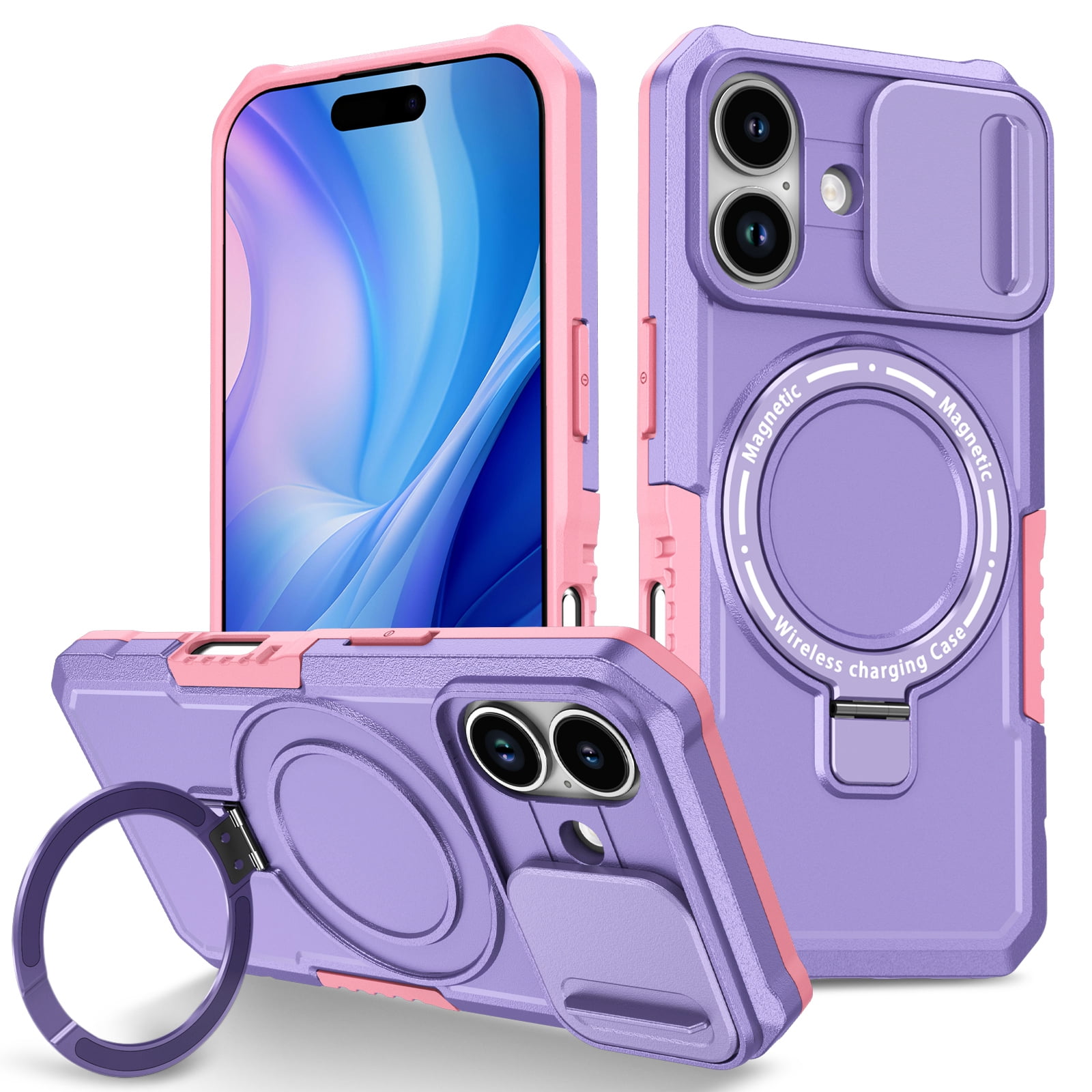 Moreoy Magnetic Kickstand Case for iPhone 17 with Sliding Lens Cover, [MagSafe Compatible ]Shockproof Non-Slip Bumper Protective Phone Case Cover with Metal Ring Holder Stand,Purple