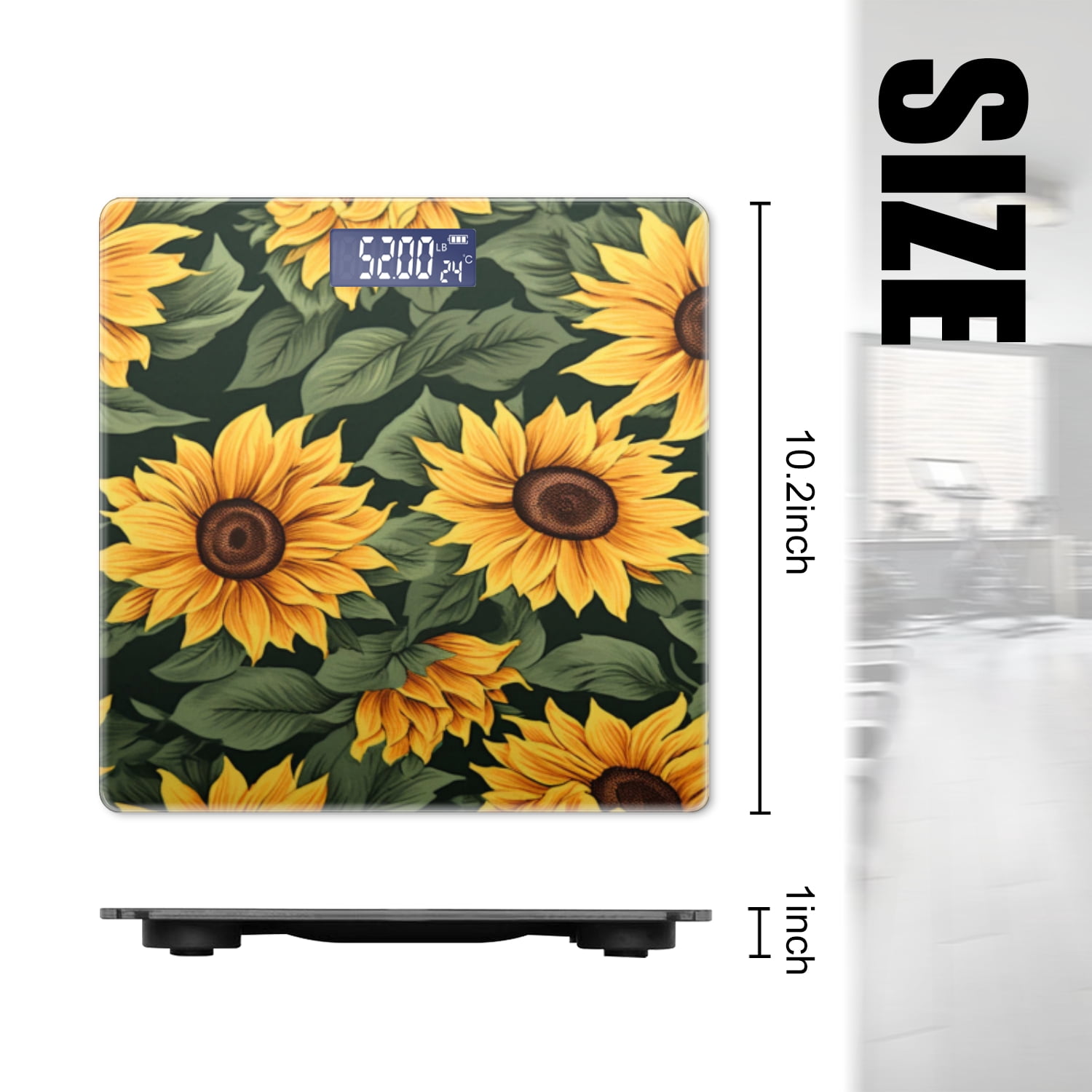 Bathroom Scale, Highly Accurate Digital Body Scale,Precisely Measures Weight up to 400 lbs-Sunflowers With Dark Green Leaves On The Background