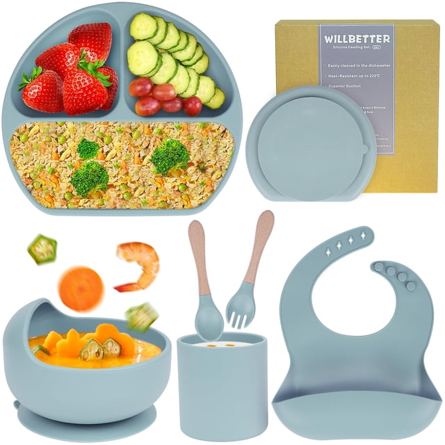 Set de alimentación para bebés WillBetter Silicone, 6 unidades con placa de succión