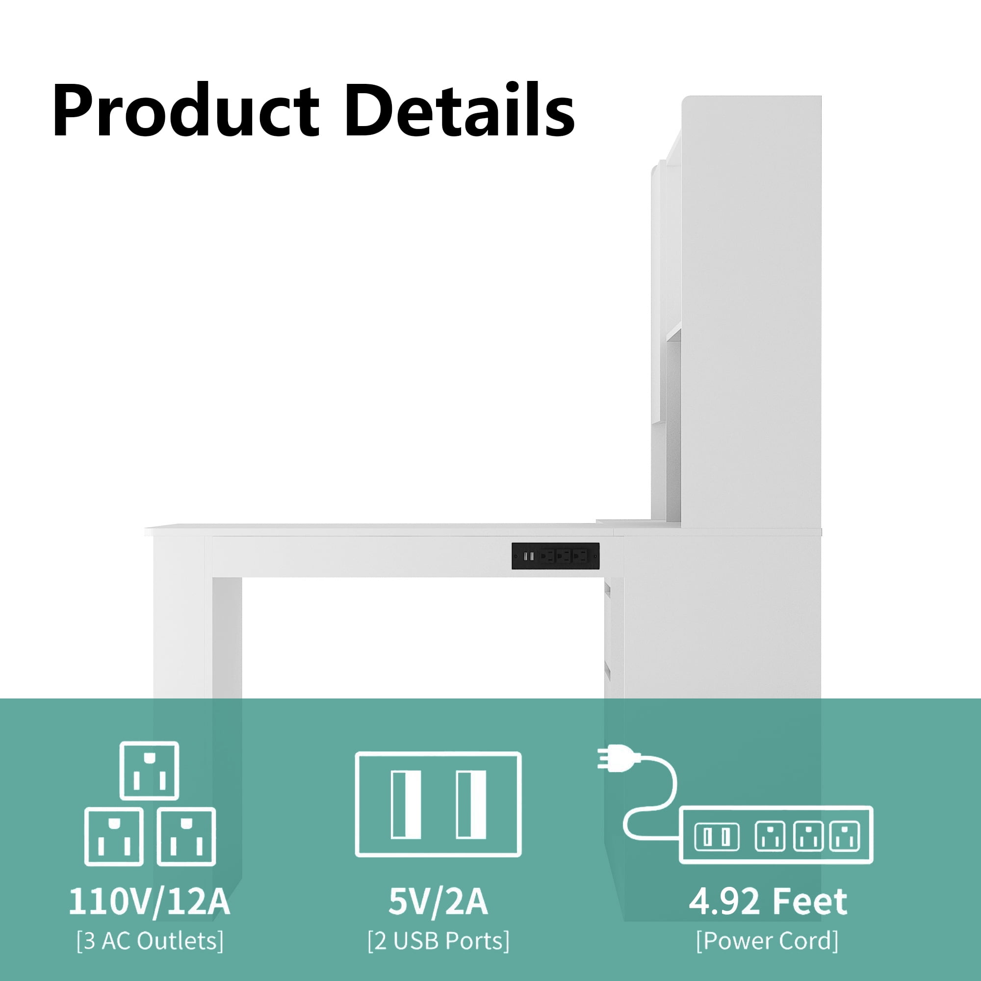 MDQMD L Shaped Computer Desk with 4 Drawers,White Home Office Desk with Power Outlet and Bookshelves,Corner Gaming Desk with Hutch