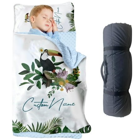 Personalized Leaf & Bird Bean Velvet Nap Mat for Kids – Soft Toddler Sleeping Mat with Custom Name – Ideal for Daycare Preschool and Travel(Cushions + Pillows22.5 x55 +Blanket size: 33.5 x 45 )