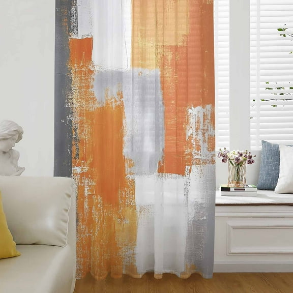 Burnt Orange Grey Semi Sheer Curtains Drapes for Living Room, Bedroom, French Doors Window 108 Inches Long, Modern Oil Painted Abstract Art Rod Pocket Chiffon Curtain Drapery Voile Draperies Panel