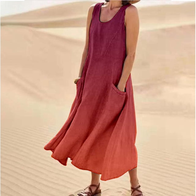 WILLBEST Vestidos Casuales para Mujer Fiesta Vestido Largo Informal sin Mangas de Lino Degradado con Bolsillos y Cuello Redondo Chica