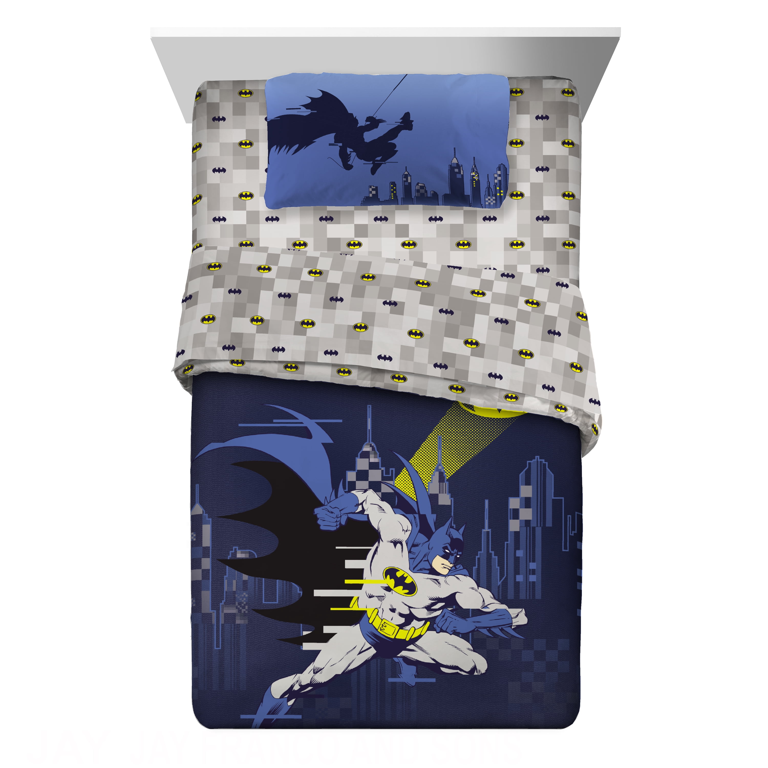 Batman Kids Blue Gray 4 Piece Reversible Comforter, Bed in a Bag, Twin