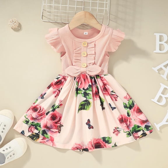 CUZIBR Baby Girls Toddler Dresses Ribbed Striped Ruffles Sleeveless Casual Floral Print Patchwork Button Down Crewneck Ruffles Pleated Sundress Summer Breathable Party Dailywear,Pink,2-3 Years