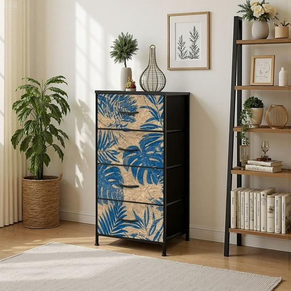 4 Drawer Vertical Storage Dresser art vintage blue floral old paper with Wood Top Fabric Pull Drawers