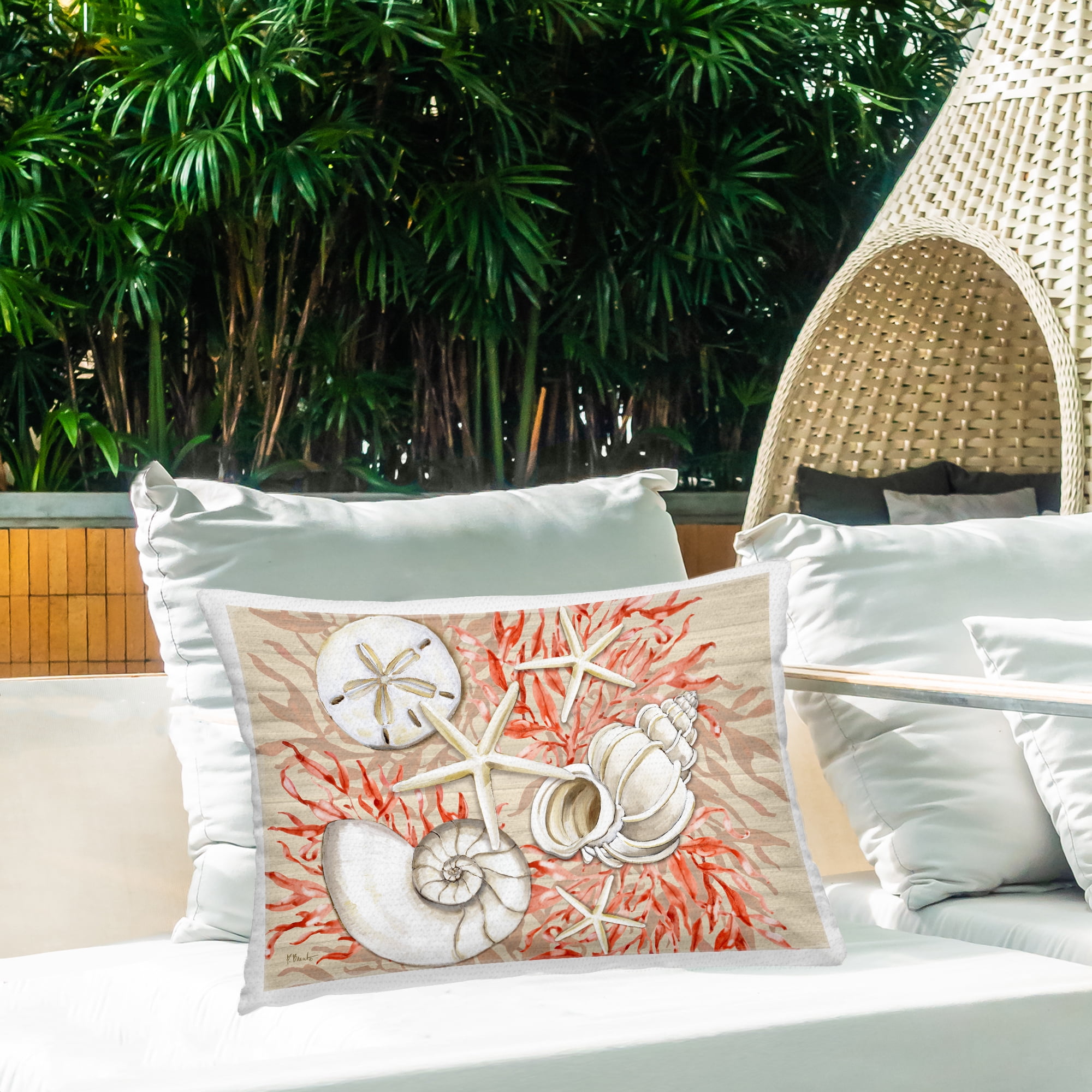Stupell Industries Coral White Shells Outdoor Printed Pillow design by Paul Brent, 14 x 7 x 20