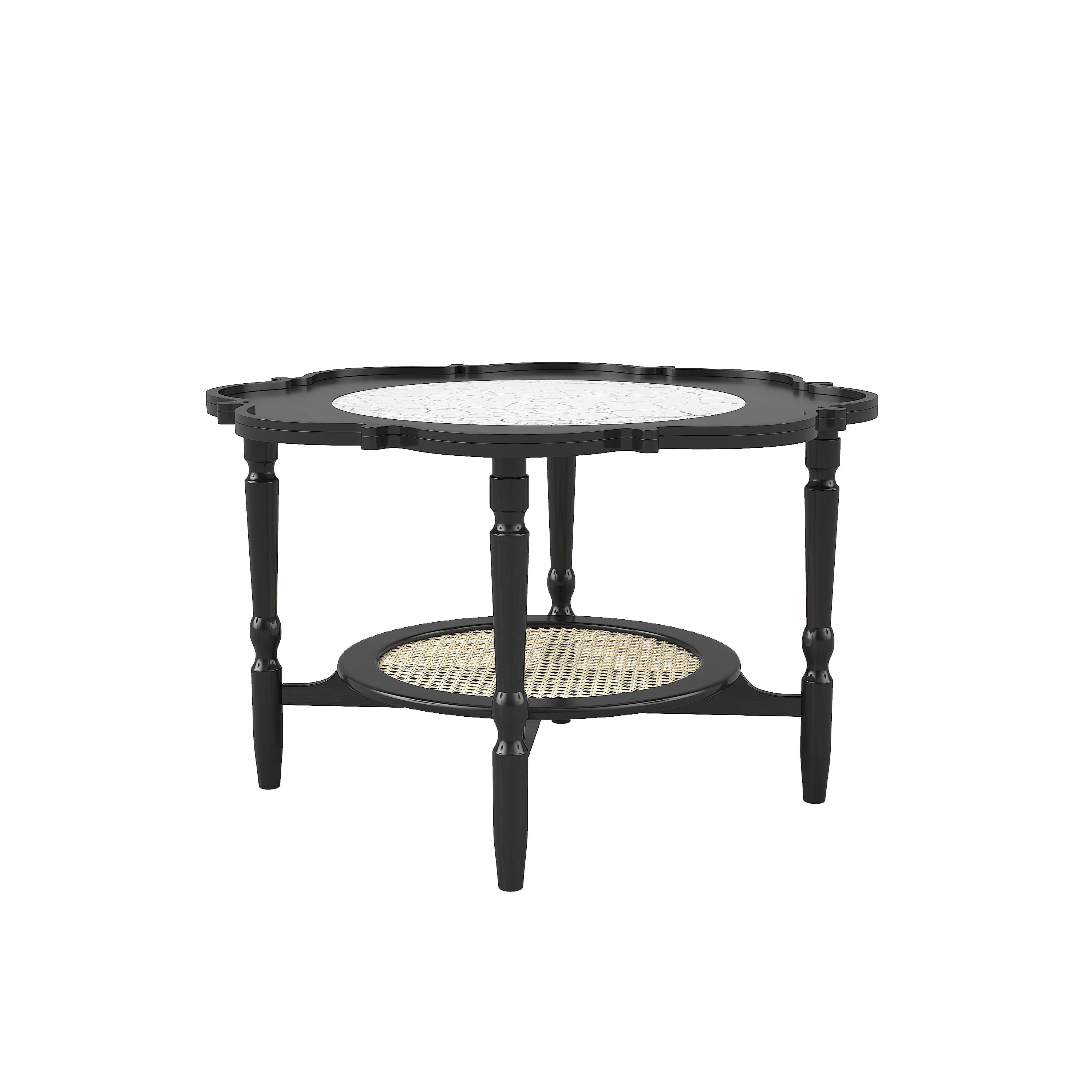 Mid-Century Style Coffee Table with Petal Shape and White Crackle Pattern Glass, 2-Tiered Coffee Table with Rattan, Black, 31.5"