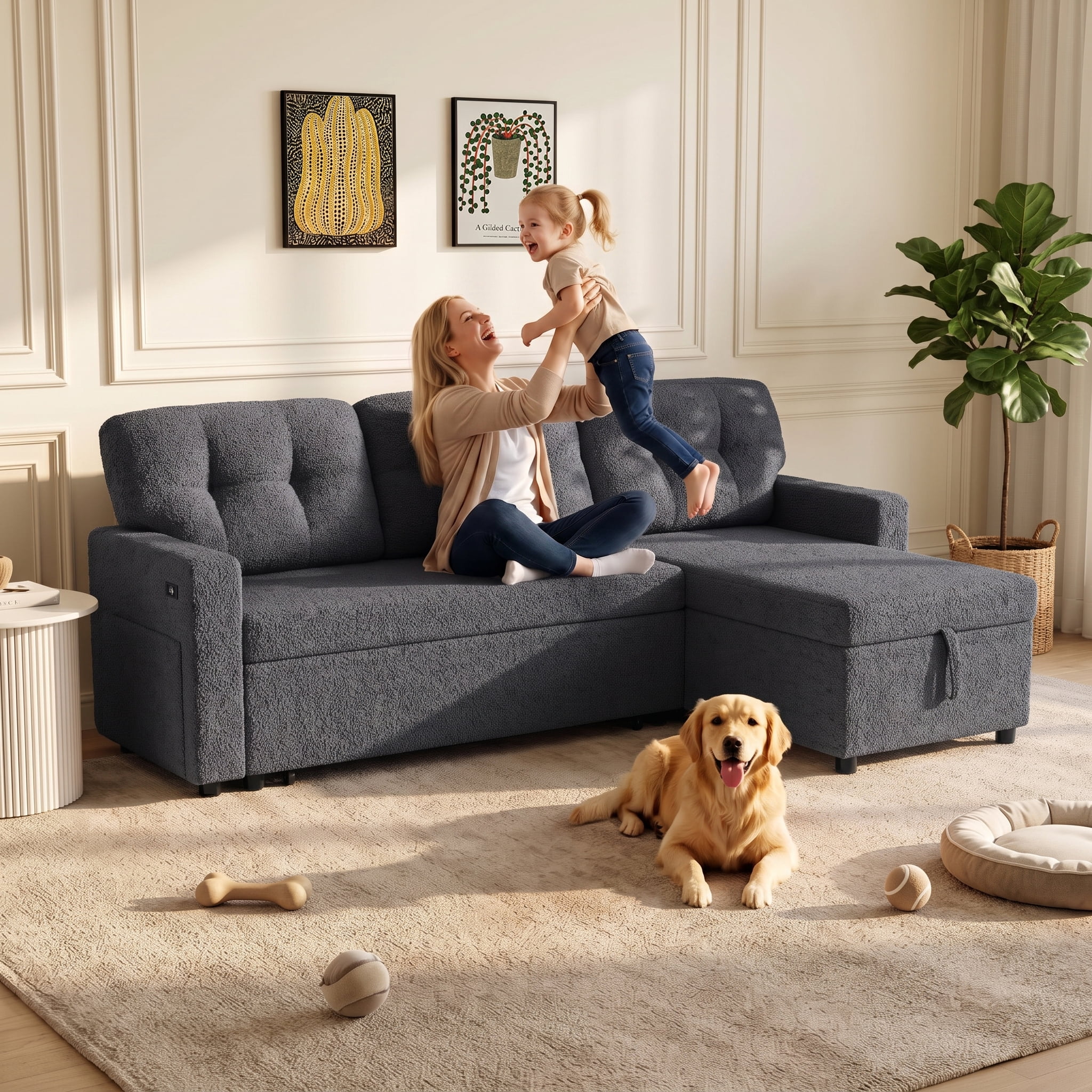 avobird 82" L Shaped Sleeper Sofa Bed, 3-Seat Convertible Sectional Couches with Storage Chaise, Terry Cloth Pull Out Couch for Living Rooms, Apartment, Dark Gray