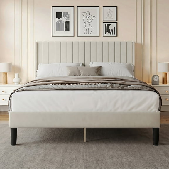 EDX Queen Size Upholstered Platform Bed Frame with Padded Wingback Headboard, Modern Accent Bedroom Furniture, Beige Velvet