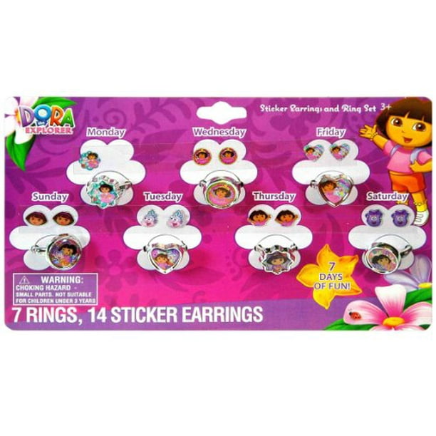 Nickelodeon Dora The Explorer Sticker Earrings and Rings Set