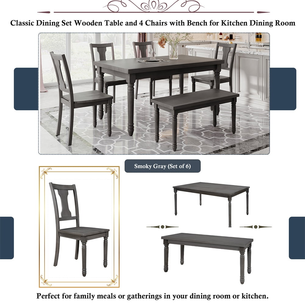 Lowestbest Classic Dining Set, Wooden Table and 4 Chairs with Bench for Kitchen, Dining Room, Gray (Set of 6) Lowestbest Classic Dining Set, Wooden Table and 4 Chairs with Bench for Kitchen, Dining Room, Gray (Set of 6)