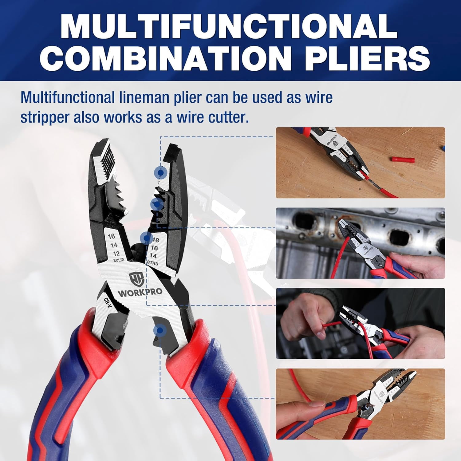 6-in-1 Linesman with Wire Cutter and Stripper, 8 Inch Multipurpose Combination , Premium CRV Steel Hand Tool Plier for Twisting Cutting Wires and Clamping Screws