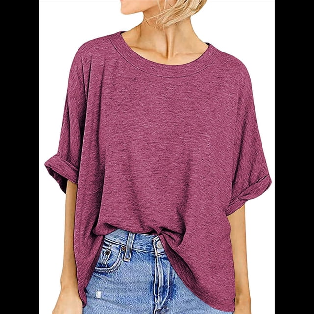 Camiseta Holgada Informal de Verano de Corta para Mujer. Vino Tinto XXL