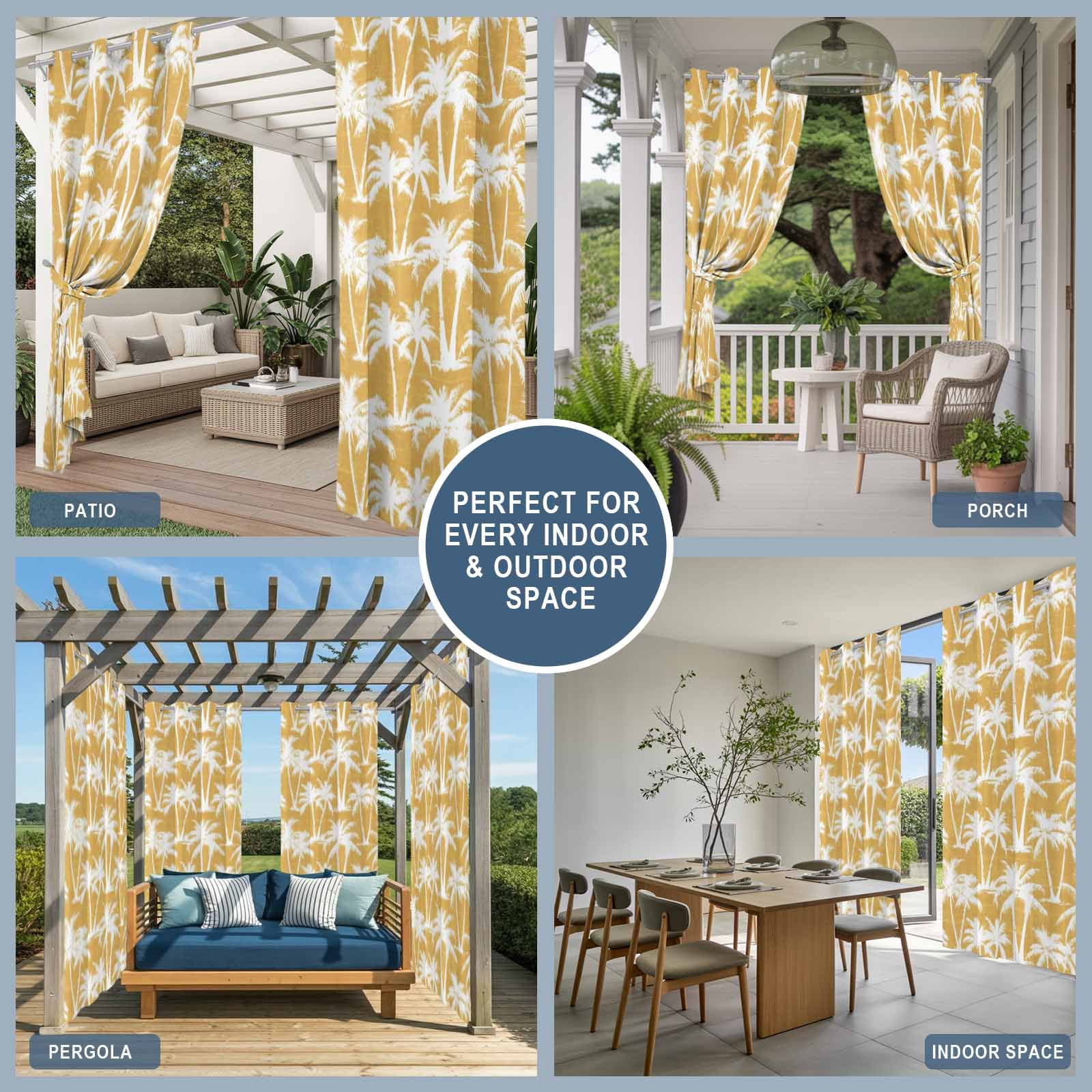 Yellow Palm Tree Outdoor Curtains for Patio, Summer Tropical Country Vintage Silver Tree Leaf Sunshade Privacy Drapes Grommet Waterproof Outside Curtains for Porch/Cabana/Balcony 54"x 108", 1 Panel