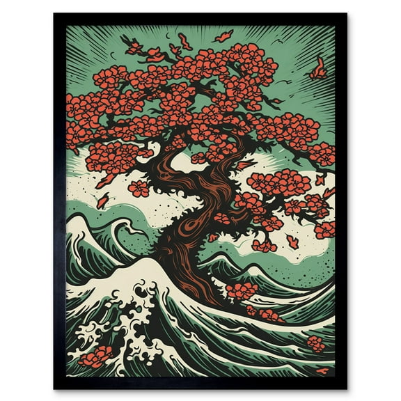 Japanese Cherry Blossom Tree and Wavy Sea Rockabilly Americana 50s Art Print Framed Poster Wall Decor 12x16 inch